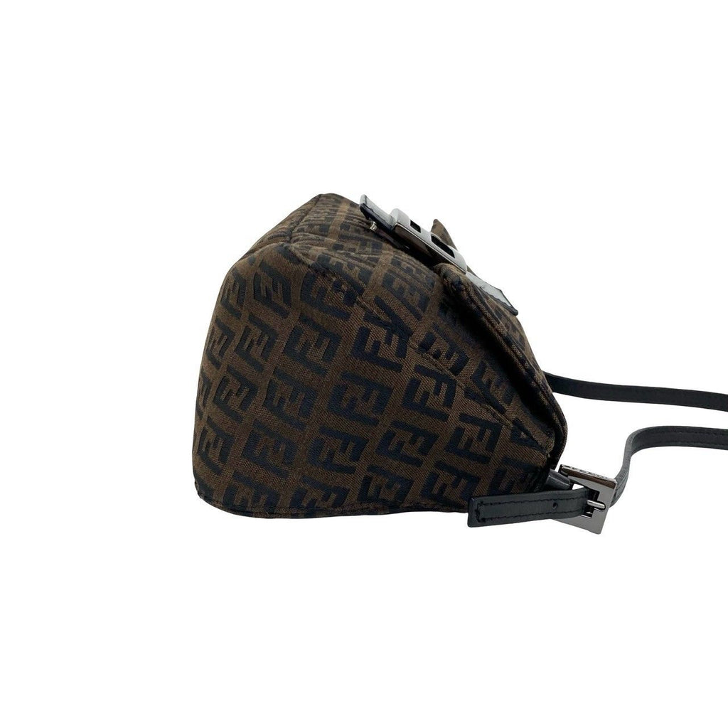 Fendi Zucchino FF Pattern Canvas Leather Handbag Bag Brown Black — view 6