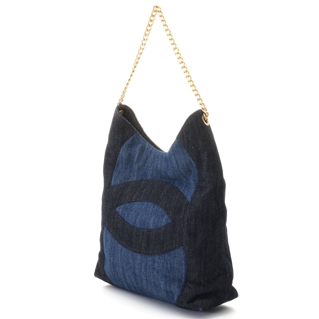 Chanel Shoulder Bag CC Logo Chain Navy Black Gold Denim — view 2