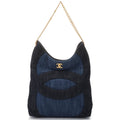 Chanel Shoulder Bag CC Logo Chain Navy Black Gold Denim
