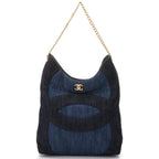 Chanel Shoulder Bag CC Logo Chain Navy Black Gold Denim