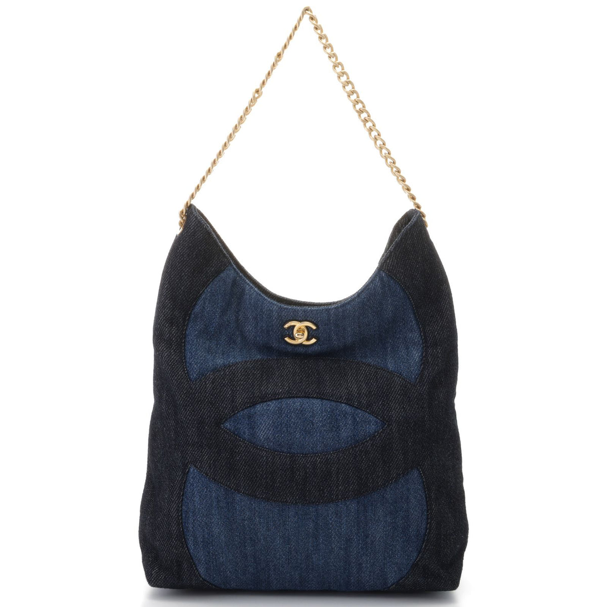 Chanel Shoulder Bag CC Logo Chain Navy Black Gold Denim