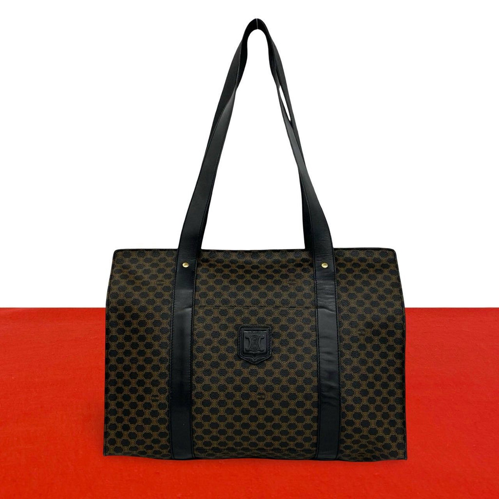 Celine Vintage Macadam Blason Pattern Leather Tote Bag Brown Black
