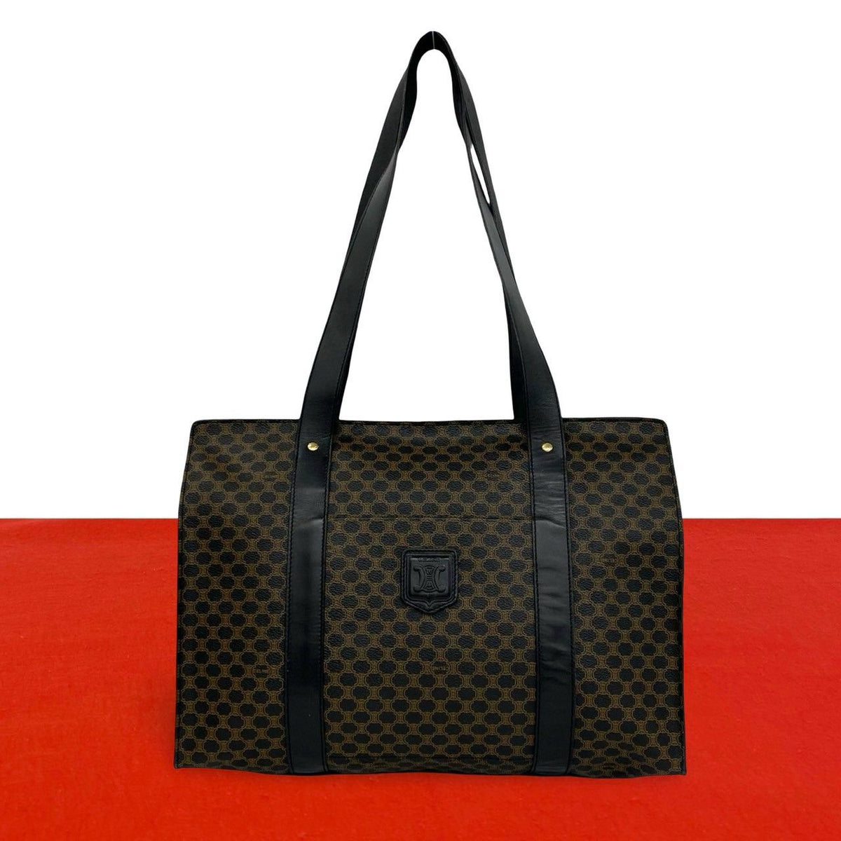 Celine Vintage Macadam Blason Pattern Leather Tote Bag Brown Black