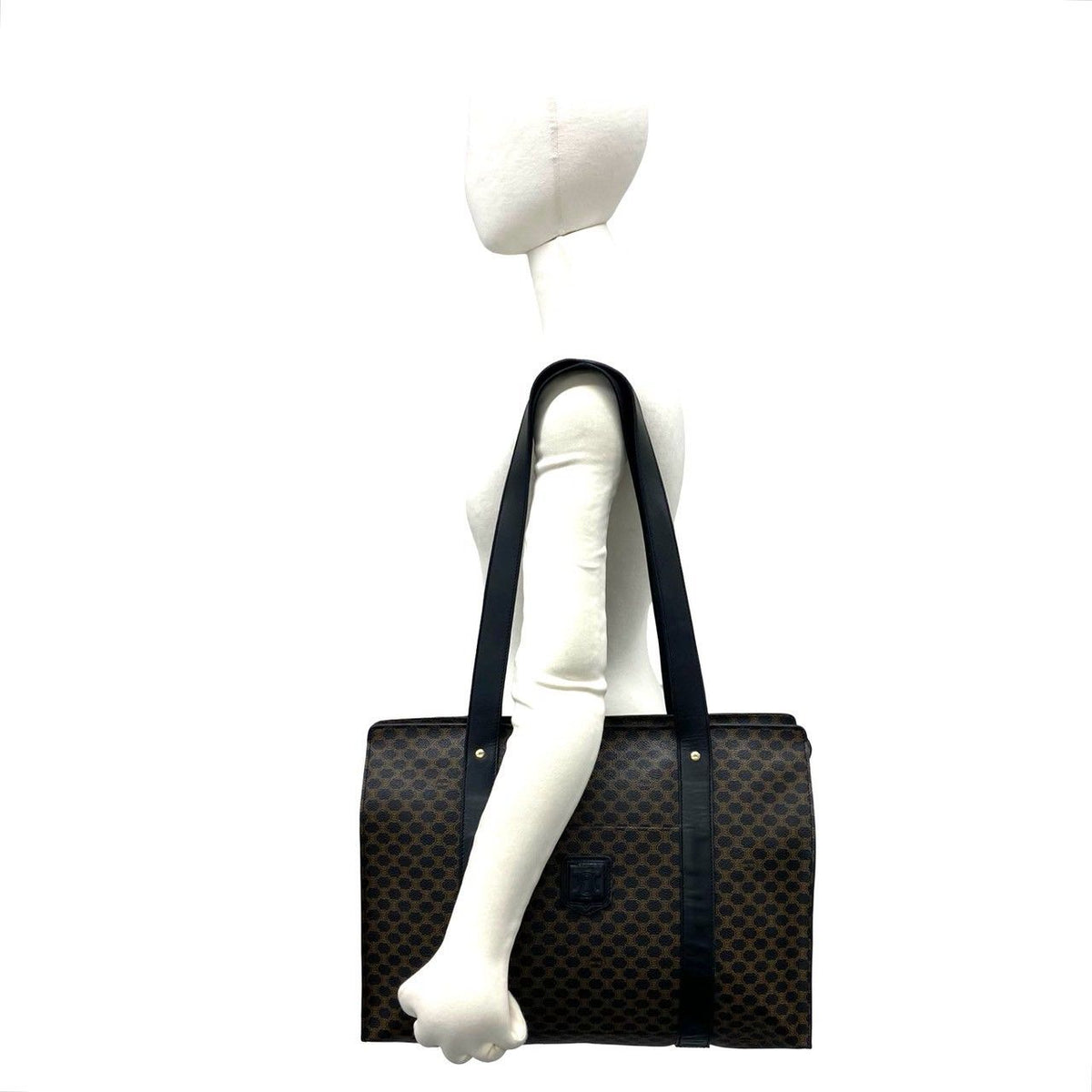 Celine Vintage Macadam Blason Pattern Leather Tote Bag Brown Black — view 2