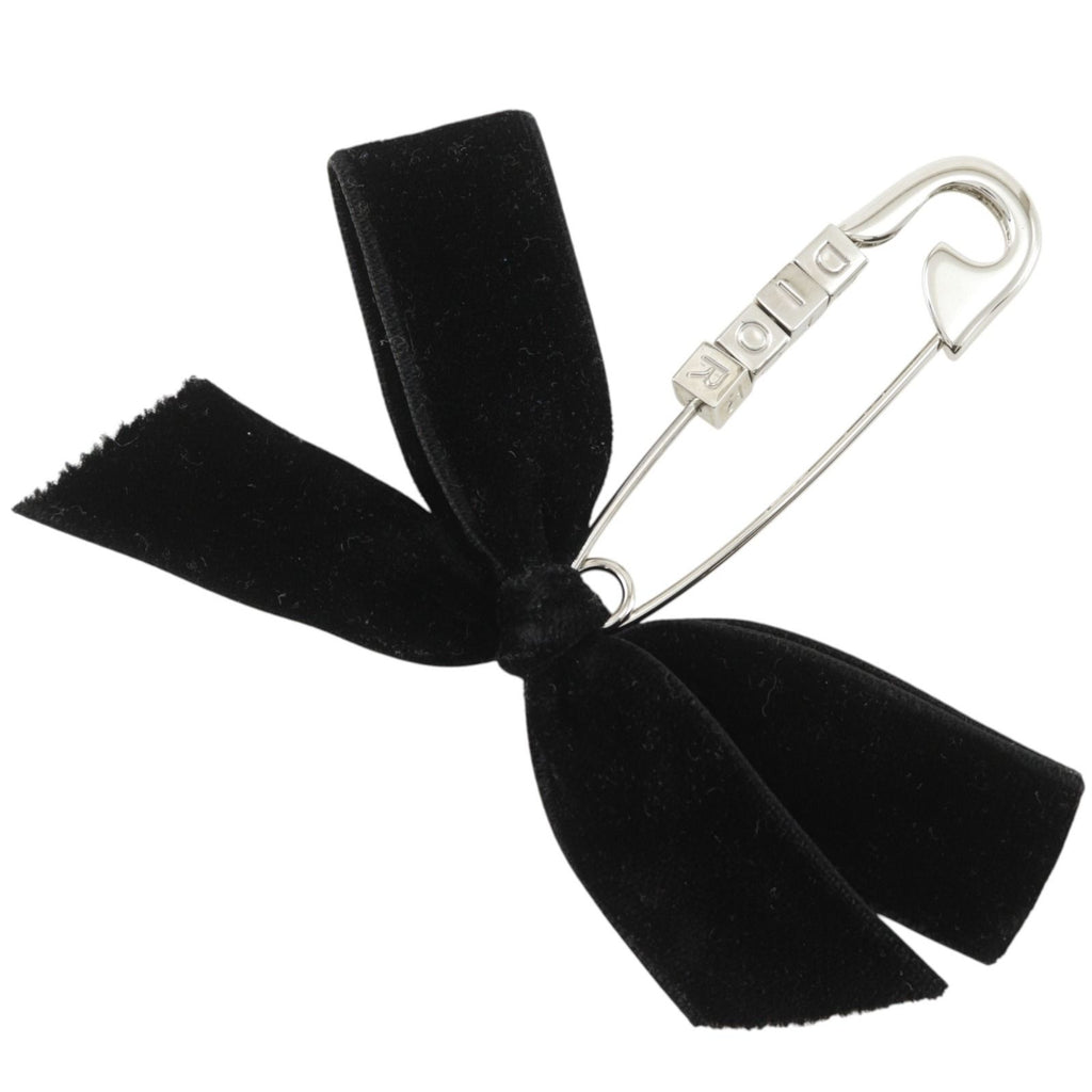 Dior Safety Pin Motif Ribbon Velvet Metal Black Silver Brooch — view 2