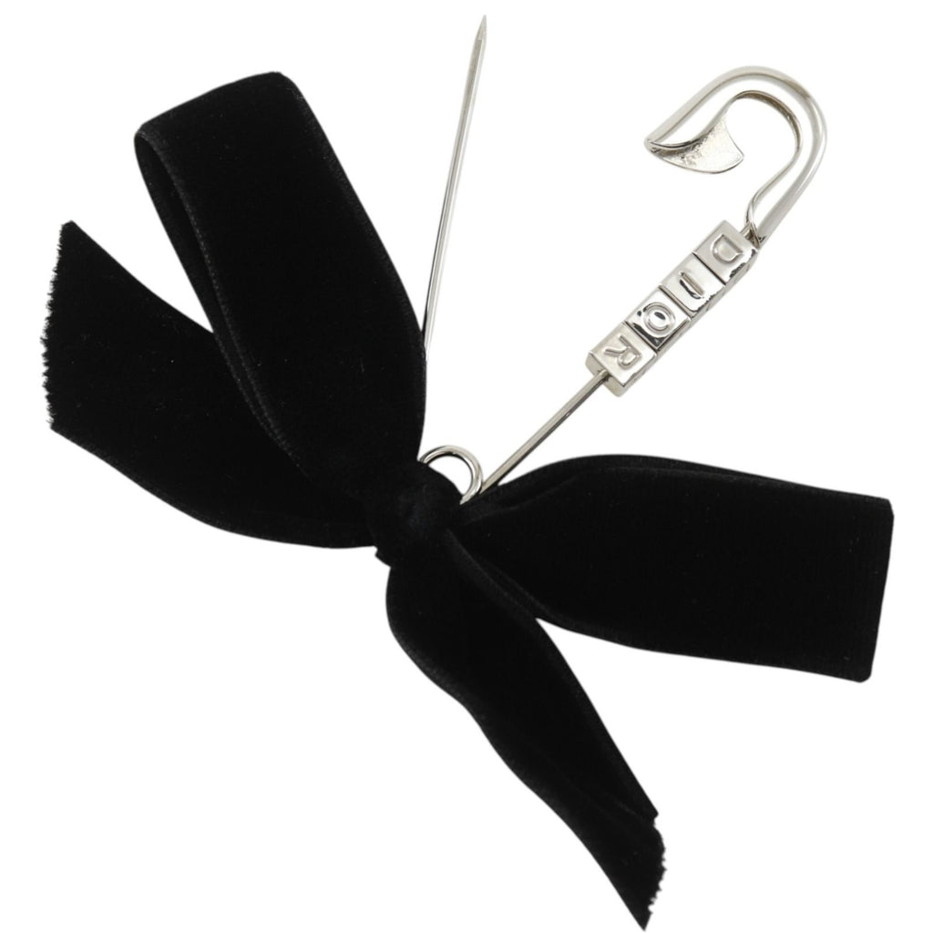 Dior Safety Pin Motif Ribbon Velvet Metal Black Silver Brooch — view 3
