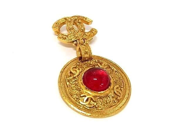 Chanel Brooch CC Logo Swing Gold Red Metal Enamel Rhinestone Gripoix
