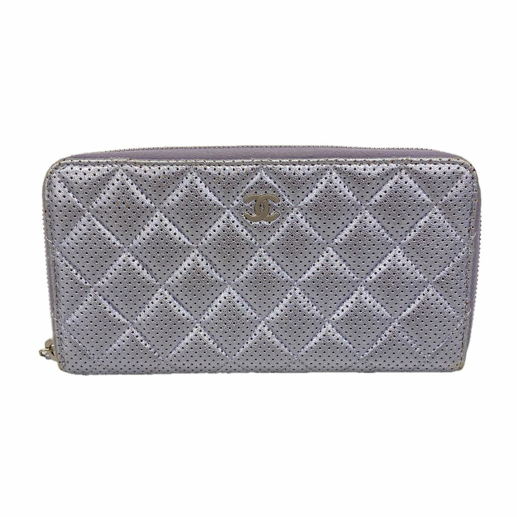 Chanel Wallet Quilted Perforated Leather Purple Silver