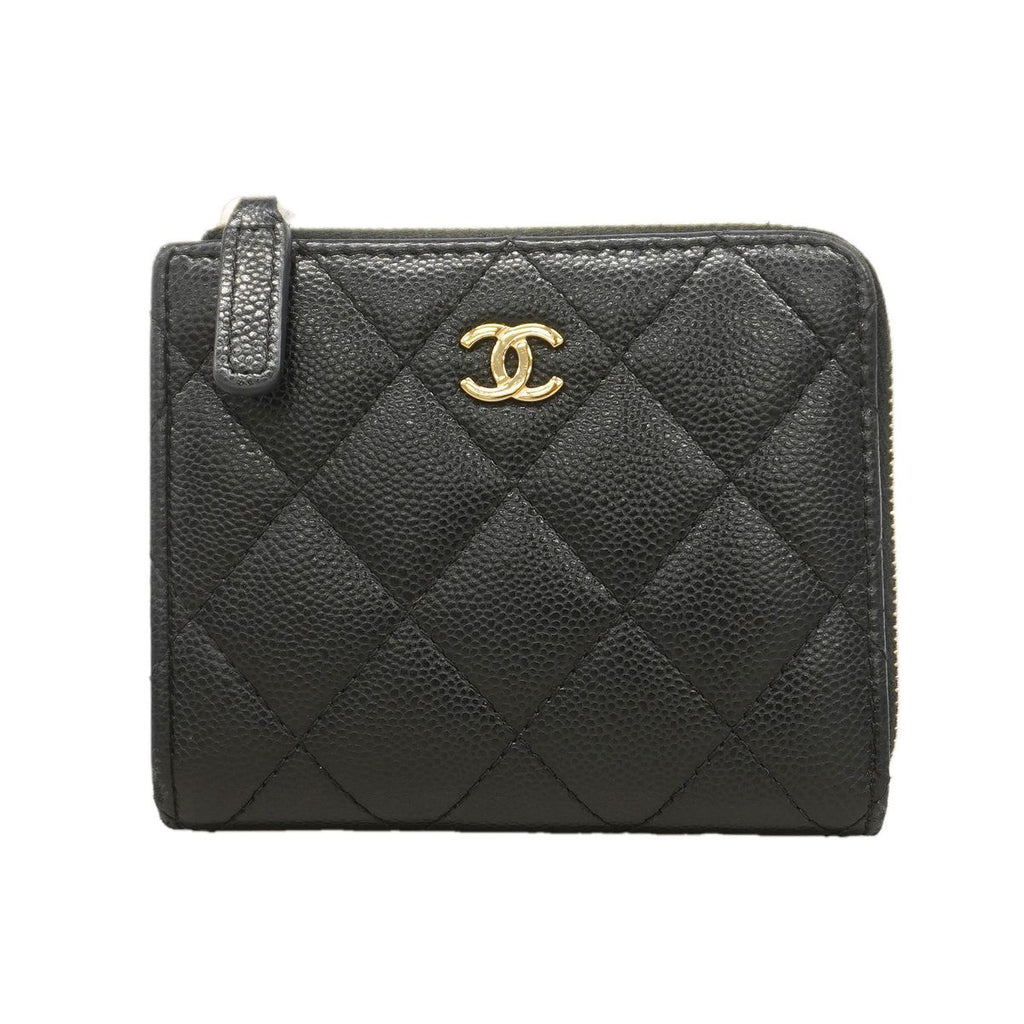 Chanel Wallet Quilted Caviar Leather Black Gold