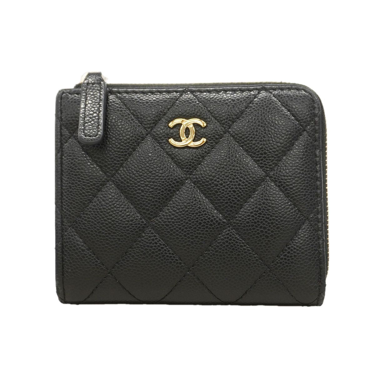 Chanel Wallet Quilted Caviar Leather Black Gold