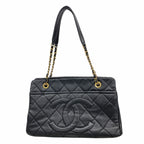 Chanel Chain Tote Bag Quilted Caviar Leather Black Gold