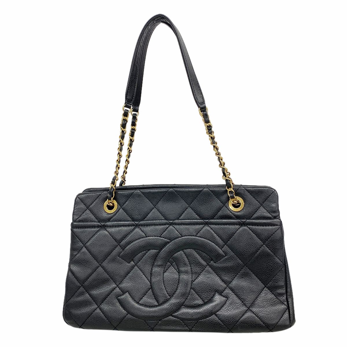 Chanel Chain Tote Bag Quilted Caviar Leather Black Gold
