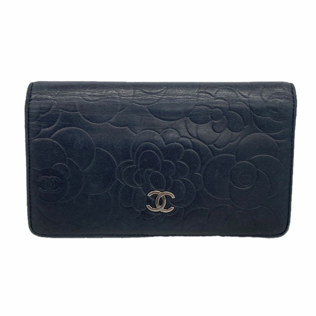Chanel Wallet Camellia Lambskin Black Silver
