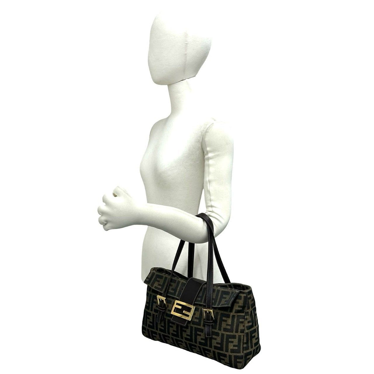 Fendi Vintage Zucca FF Pattern Canvas Leather Tote Bag Brown Black — view 2