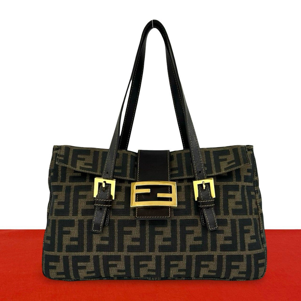Fendi Vintage Zucca FF Pattern Canvas Leather Tote Bag Brown Black