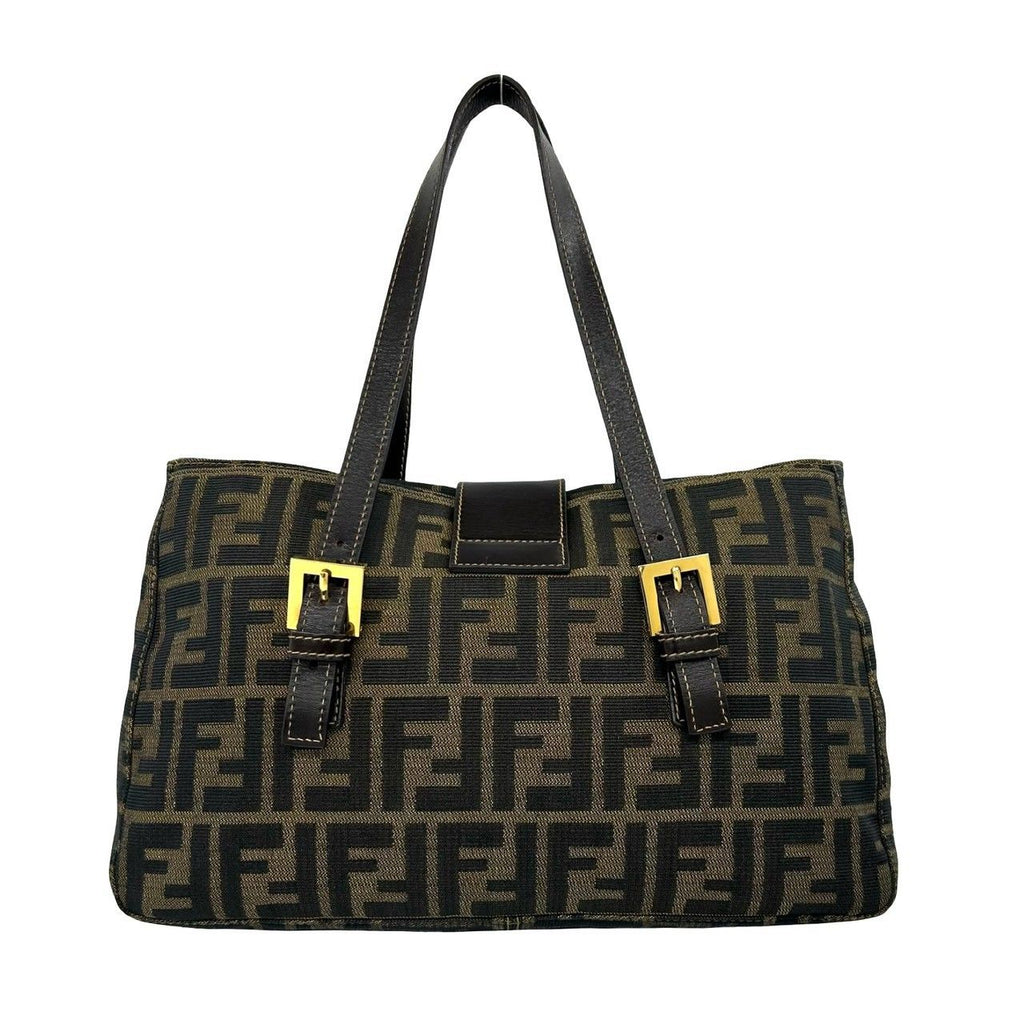 Fendi Vintage Zucca FF Pattern Canvas Leather Tote Bag Brown Black — view 3