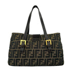 Fendi Vintage Zucca FF Pattern Canvas Leather Tote Bag Brown Black — view 3