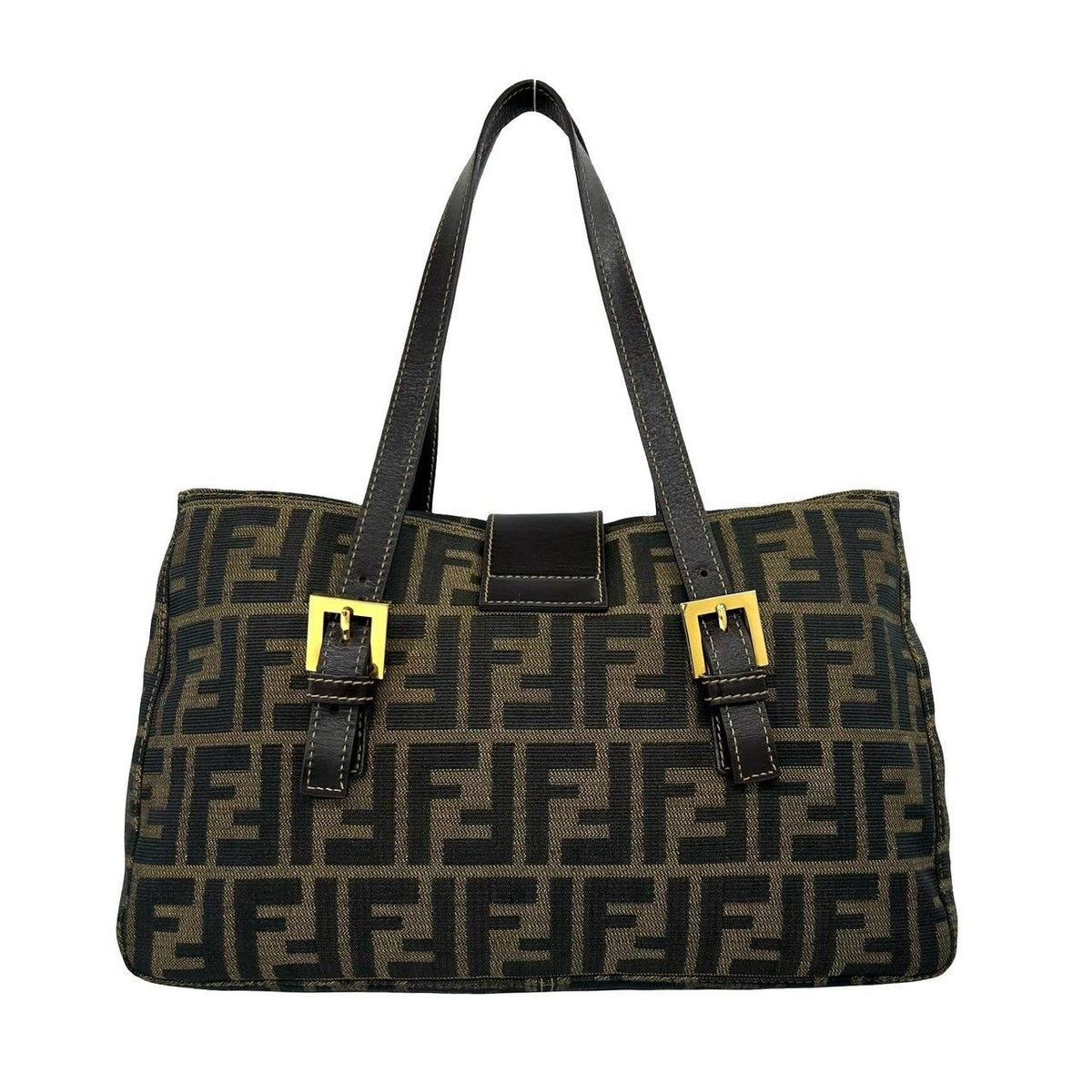 Fendi Vintage Zucca FF Pattern Canvas Leather Tote Bag Brown Black — view 3