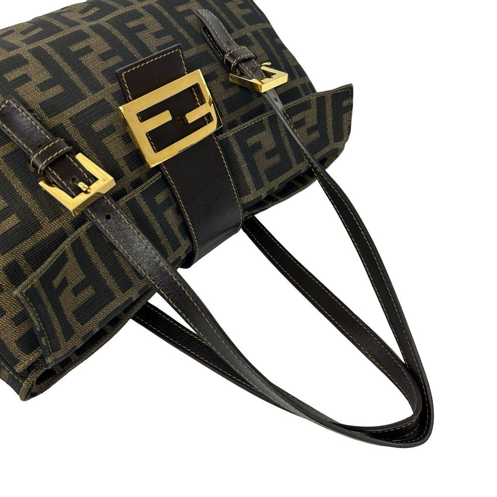 Fendi Vintage Zucca FF Pattern Canvas Leather Tote Bag Brown Black — view 4