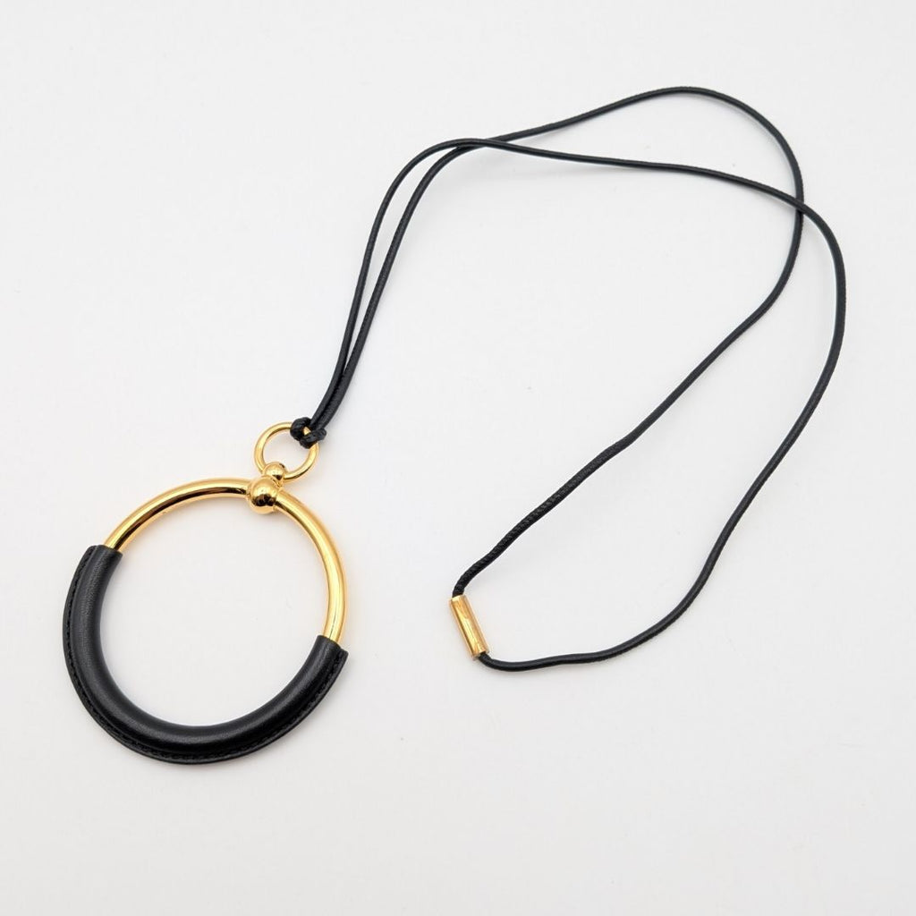 Hermes Loop Grand Necklace Gold Black Metal Leather Circle