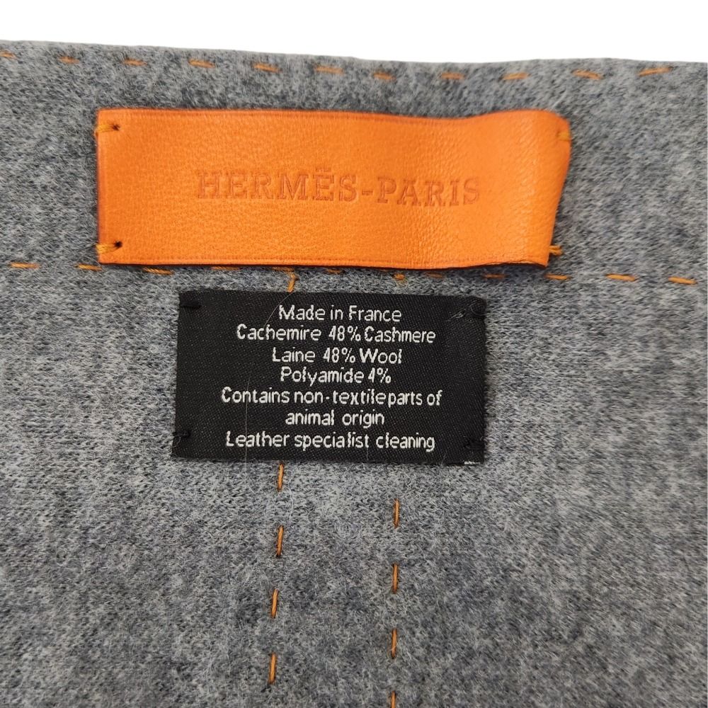 Hermes Cashmere Wool Trim Blanket Shawl Gray Orange Scarf — view 7