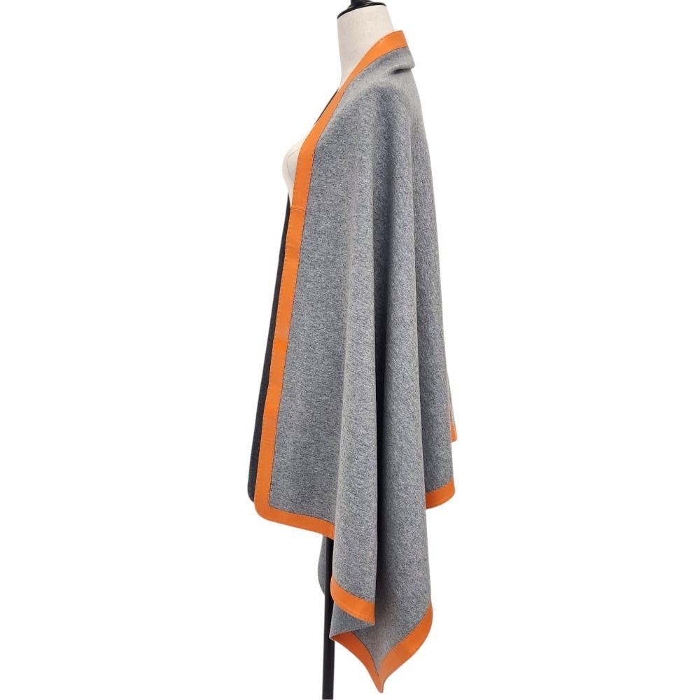 Hermes Cashmere Wool Trim Blanket Shawl Gray Orange Scarf — view 3