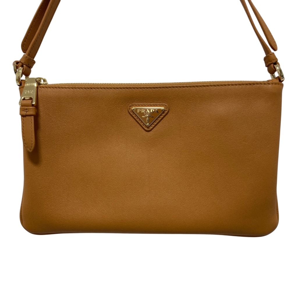 Prada Triangle Plate Soft Gray Leather Pouch Brown — view 3