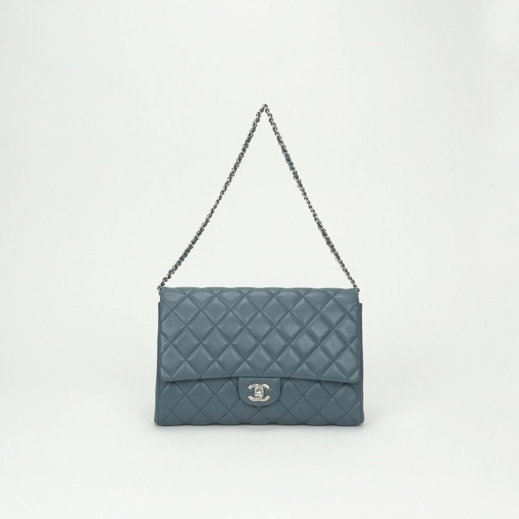Chanel Quilted Shoulder Bag Lambskin Blue Silver Chain CC Logo Turnlock