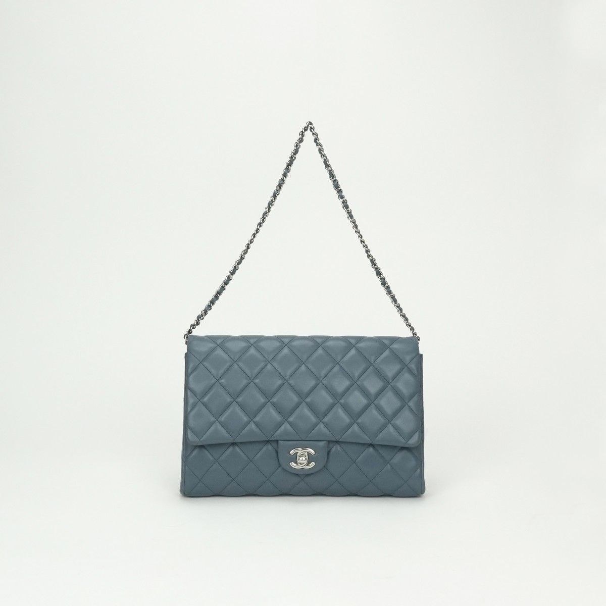 Chanel Quilted Shoulder Bag Lambskin Blue Silver Chain CC Logo Turnlock