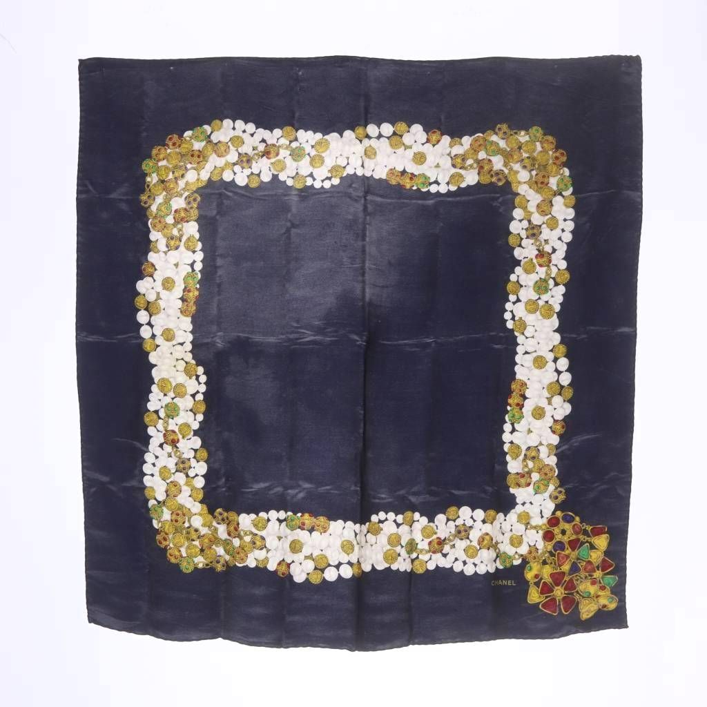 Chanel Scarf Pocket Square Border Pattern Navy