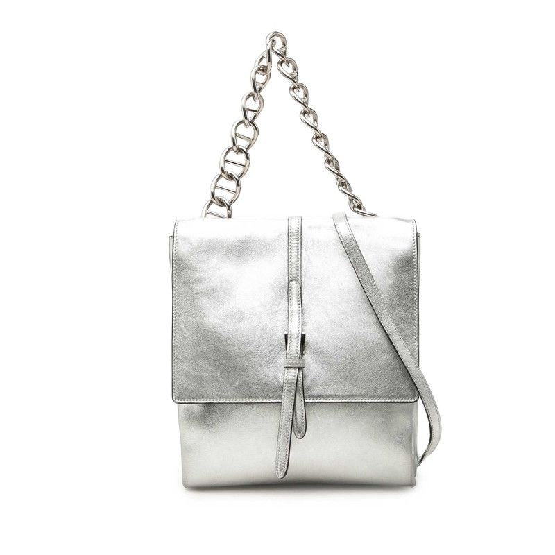 Prada Chain 2-Way Shoulder Bag Silver Leather