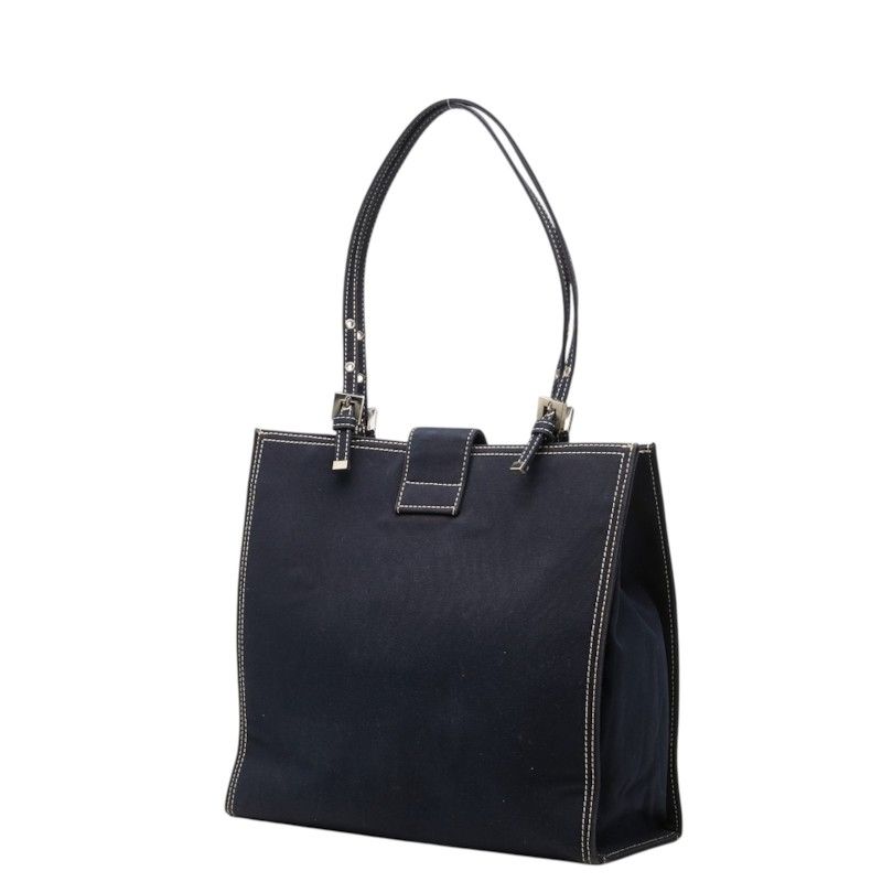 Fendi FF Logo Buckle Tote Shoulder Bag Navy Canvas — view 2