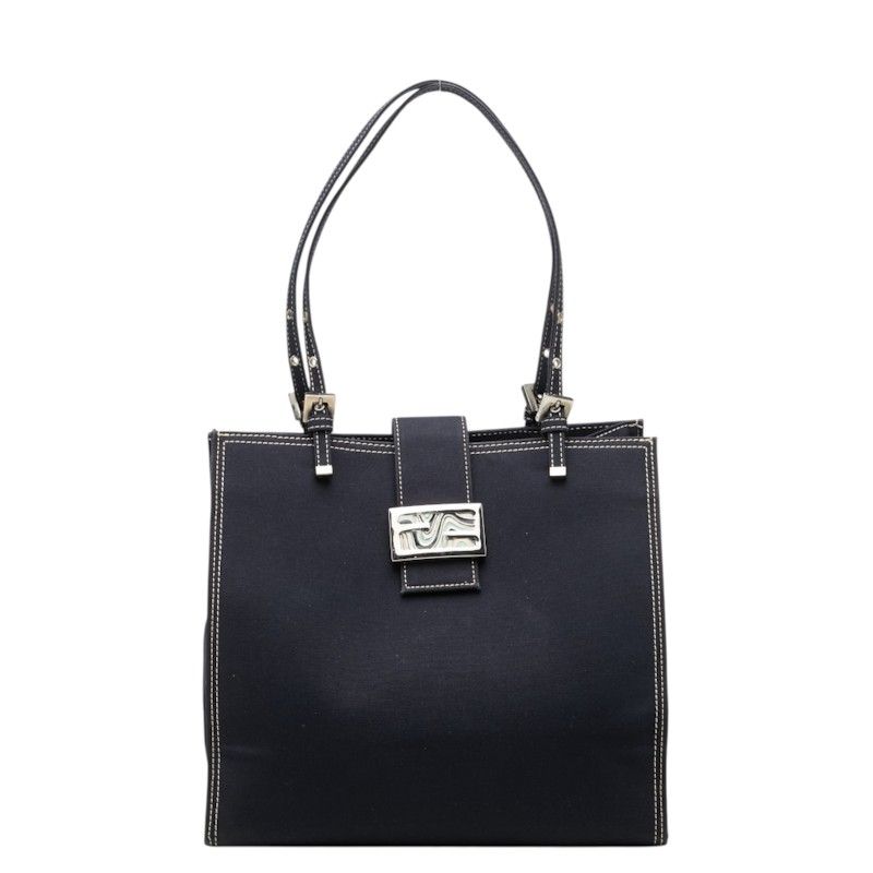 Fendi FF Logo Buckle Tote Shoulder Bag Navy Canvas