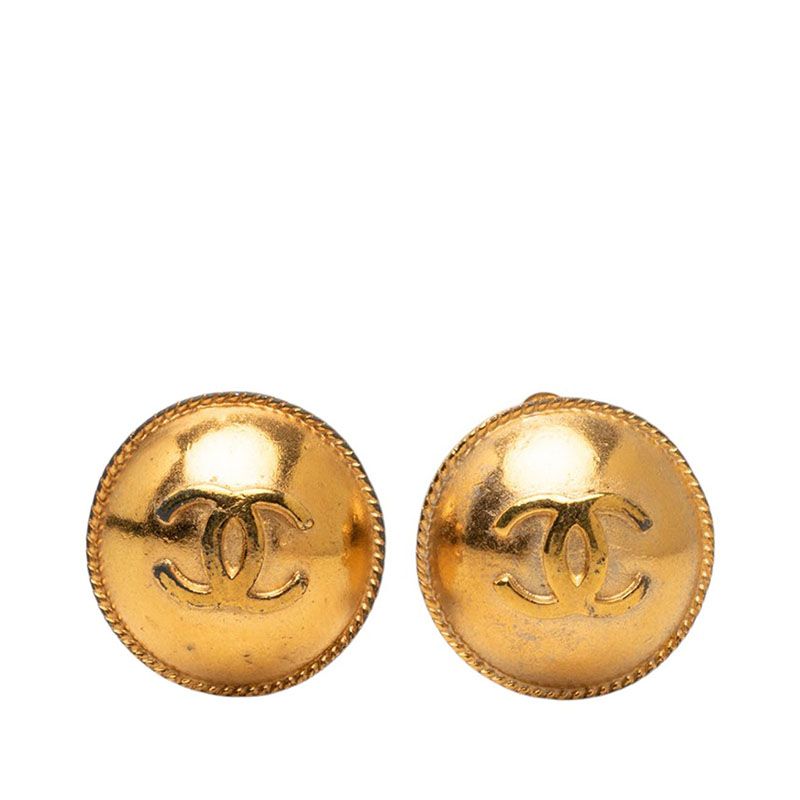 Chanel CC Logo Round Vintage Earrings 95P Gold Plated