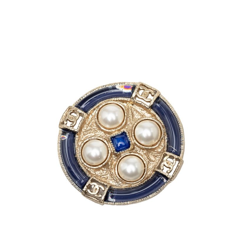 Chanel Cruise Line CC Logo Round Brooch Gold Blue Plated Faux Pearl