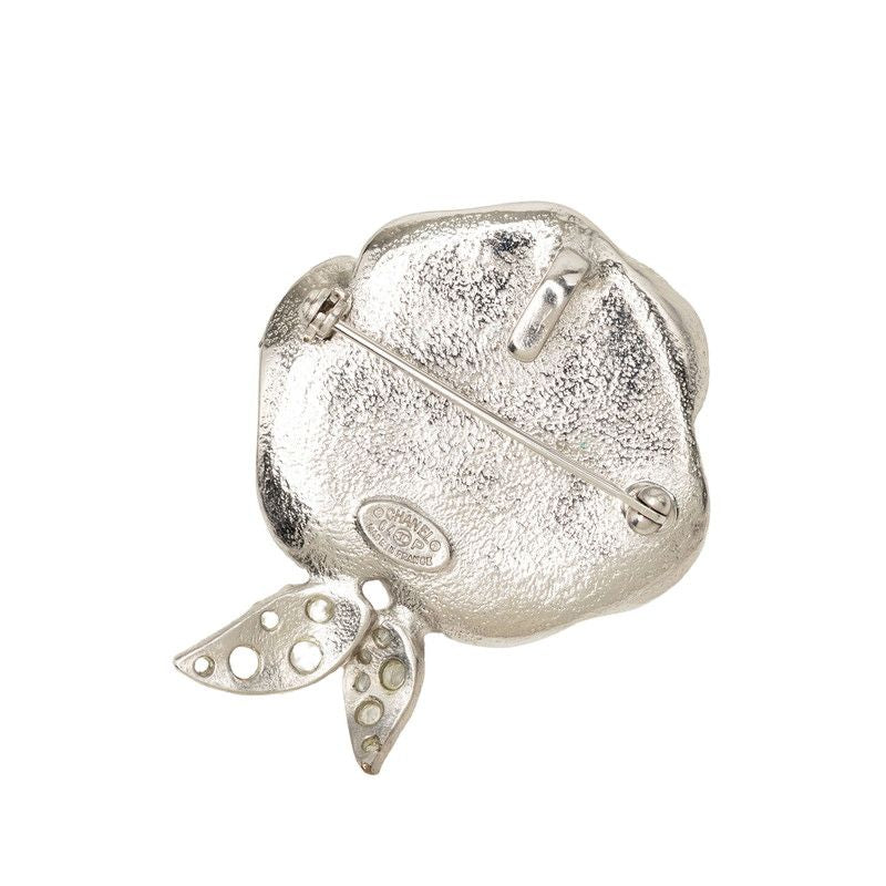 Chanel CC Logo Camellia Brooch 04P Silver Beige Metal Rhinestone — view 2