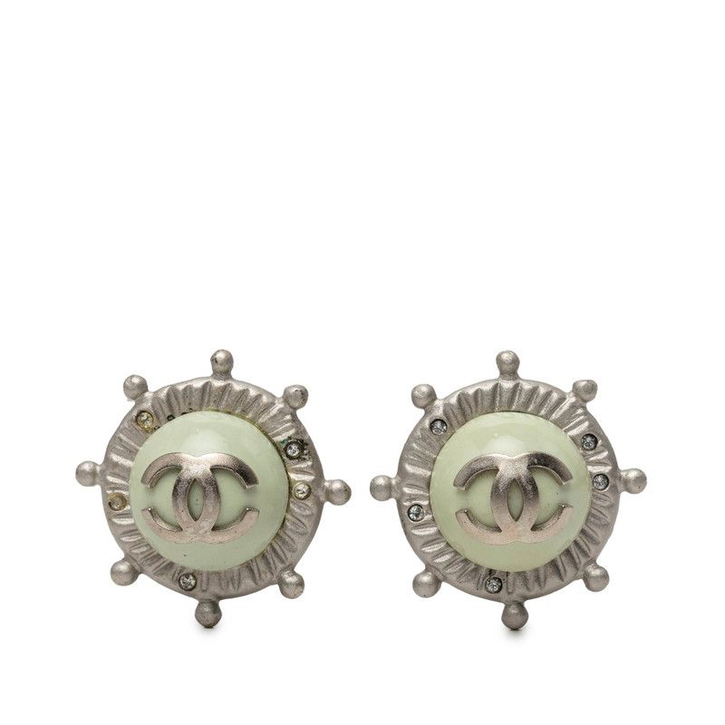 Chanel CC Logo Earrings 05A Silver Green Metal Rhinestone