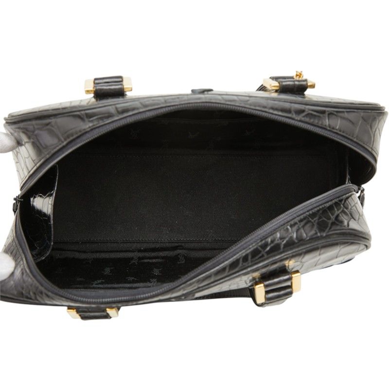 Saint Laurent Logo Croco Embossed Handbag Black Leather — view 8