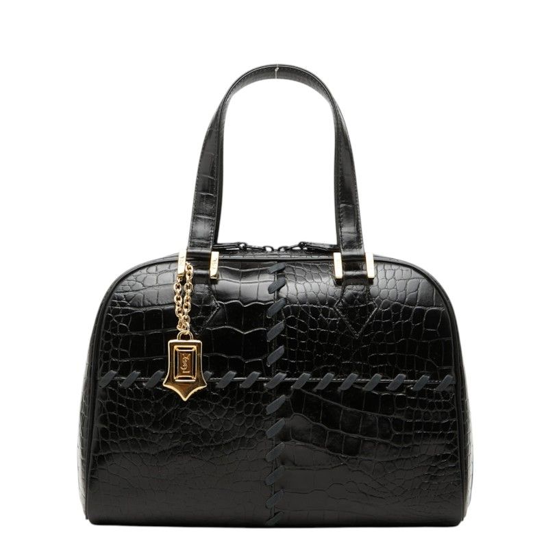 Saint Laurent Logo Croco Embossed Handbag Black Leather