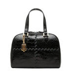Saint Laurent Logo Croco Embossed Handbag Black Leather