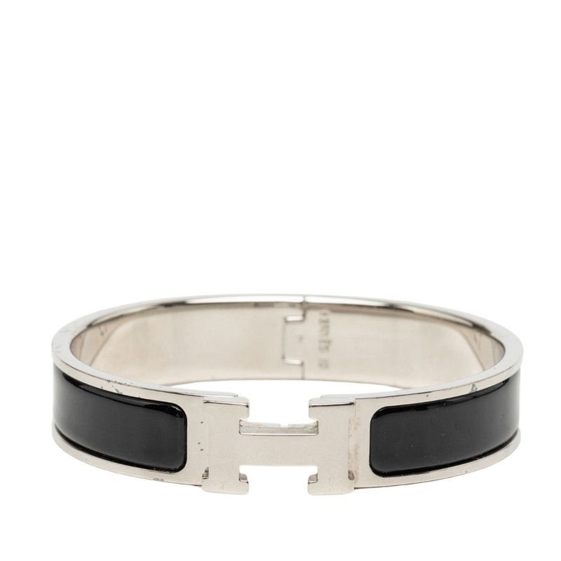 Hermes Clic H PM Bracelet Bangle Silver Black Metal Enamel