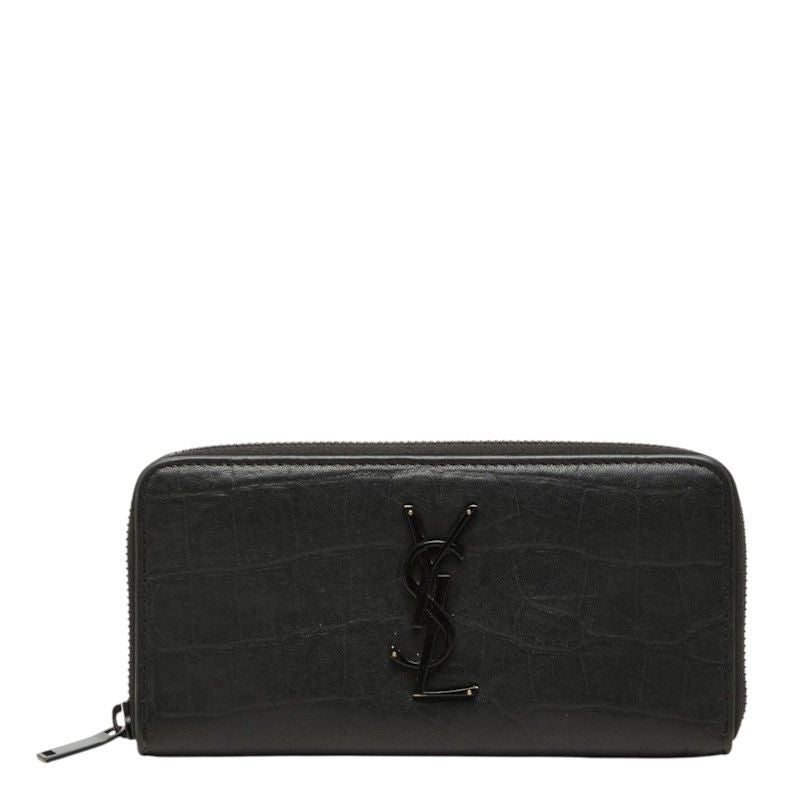 Saint Laurent YSL Logo Embossed Cassandra Round Zip Wallet Black Leather