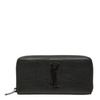 Saint Laurent YSL Logo Embossed Cassandra Round Zip Wallet Black Leather