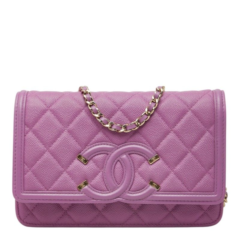 Chanel CC Filigree Chain Wallet Shoulder Bag Pochette Purple Caviar Leather