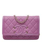 Chanel CC Filigree Chain Wallet Shoulder Bag Pochette Purple Caviar Leather