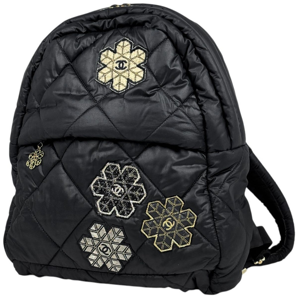 Chanel Backpack Quilted Snowflake Patch CC Logo Nylon Black
