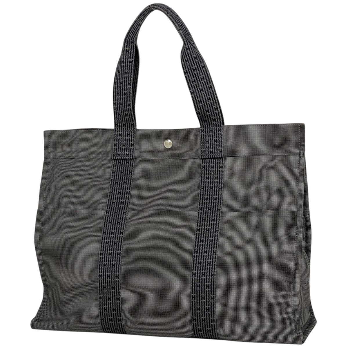Hermes Herline Tote Bag GM Nylon Canvas Gray Black