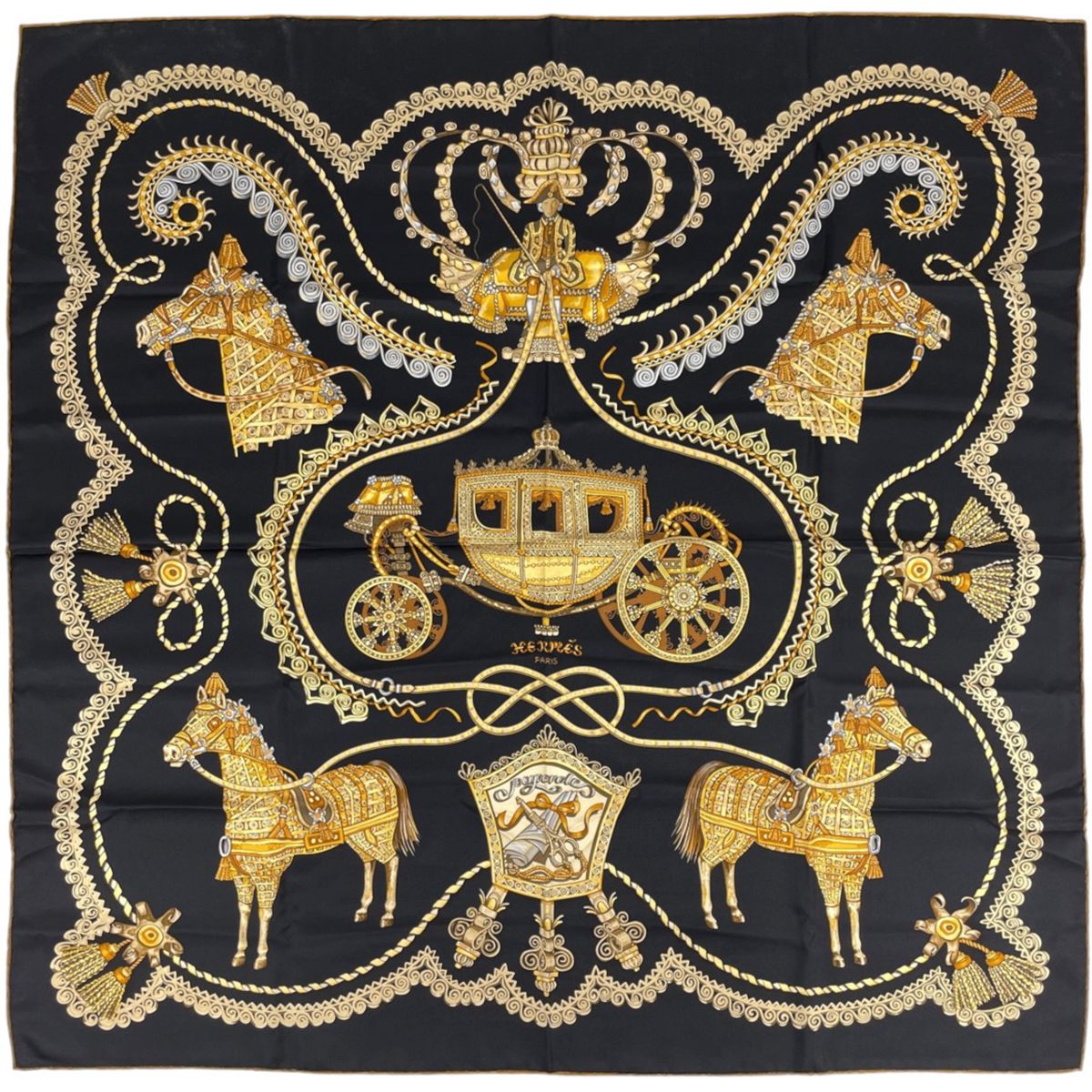 Hermes Carre 90 Paperoles Scarf Paproles Carriages and Nobility Silk Black
