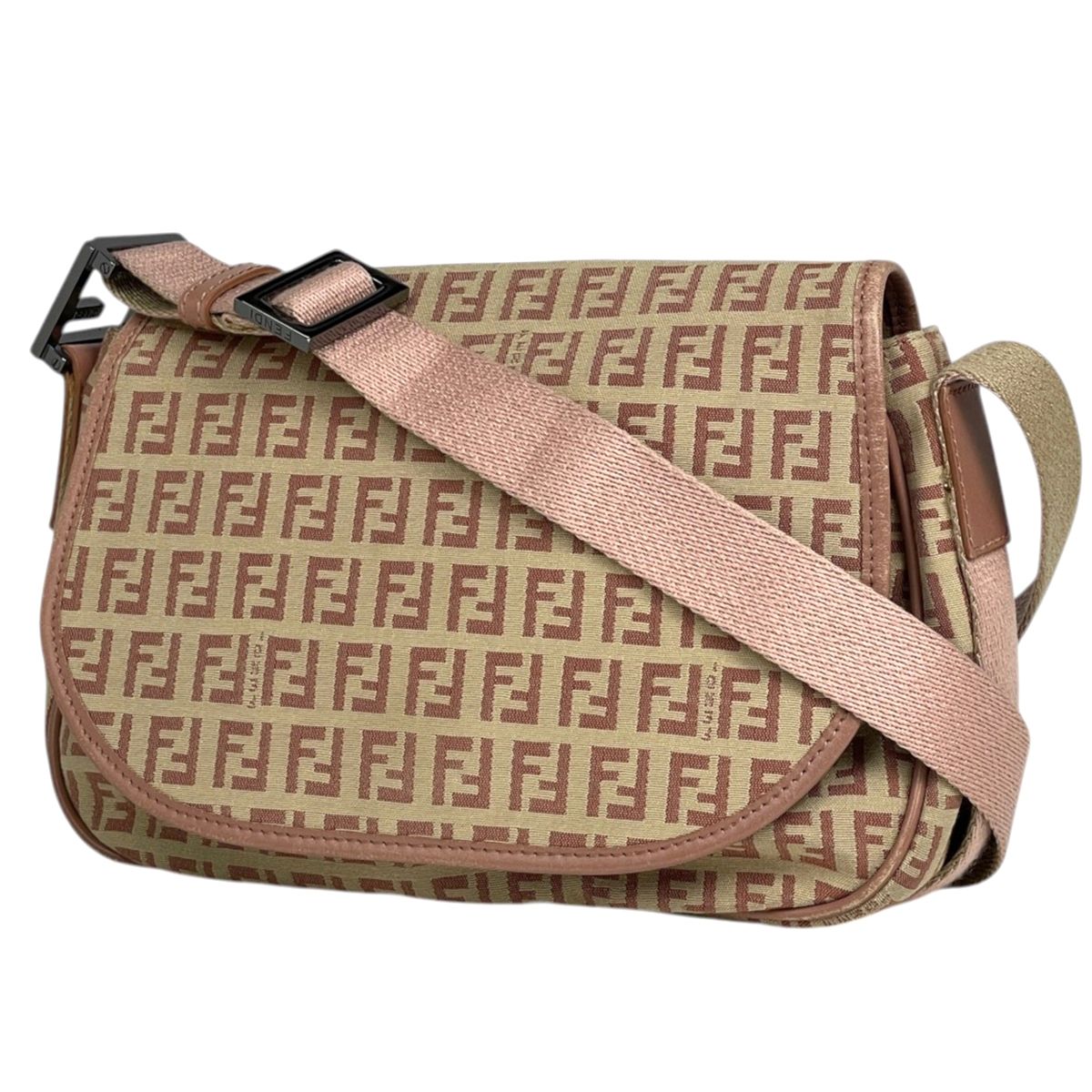 Fendi Shoulder Bag Zucchino Pattern Canvas Beige Pink