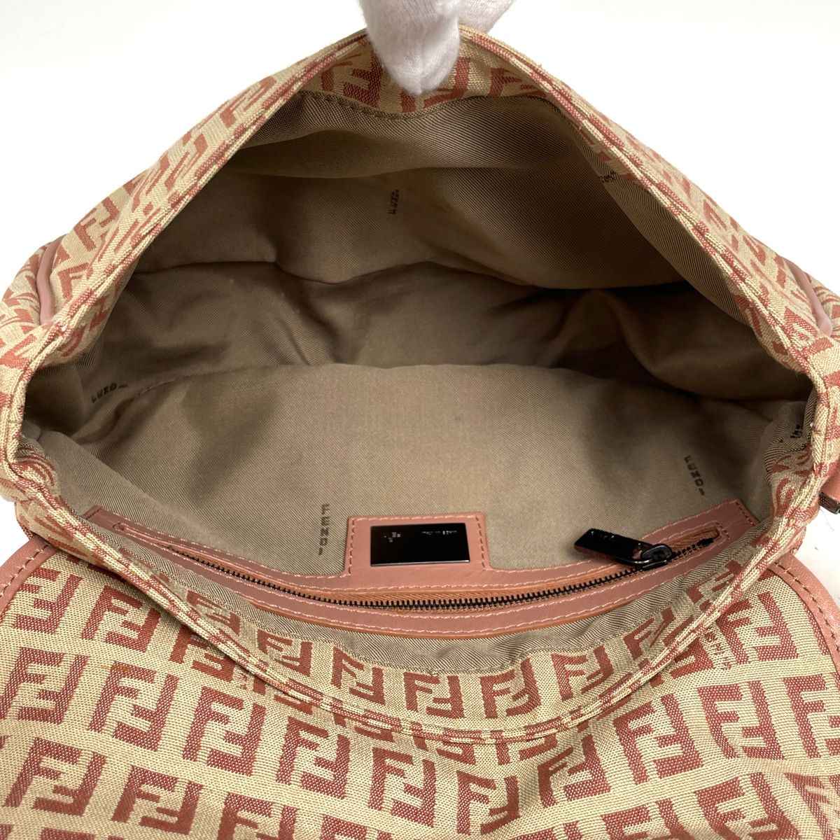 Fendi Shoulder Bag Zucchino Pattern Canvas Beige Pink — view 7